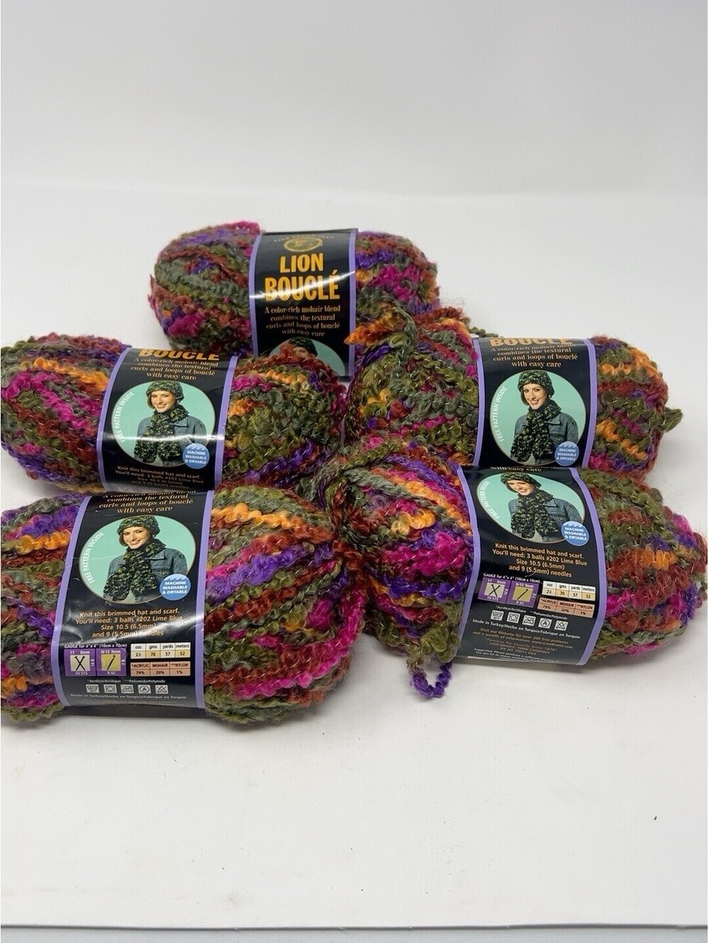 Lot Of 5 Lion Brand Boucle Yarn Tutti Fruitti 211 2.5oz Skeins Super Bulky